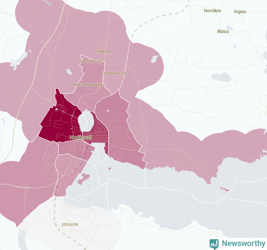 Karta som visar antalet cykelstölder i olika delar av Hudiksvall, se tabell ovan