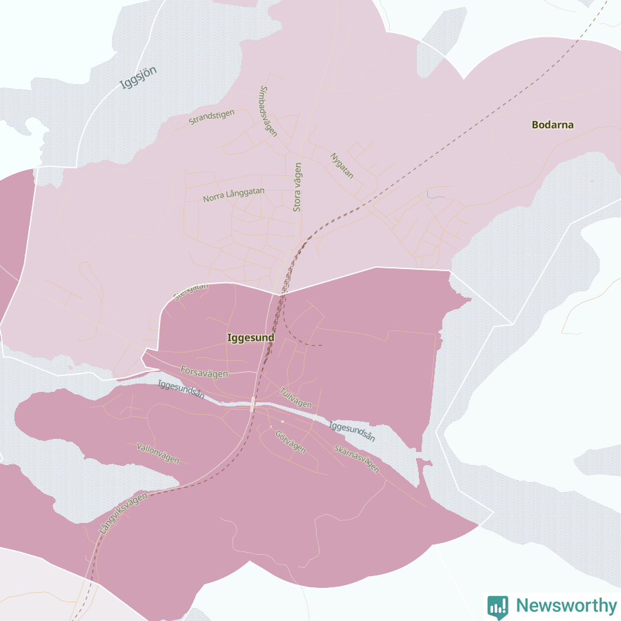 Karta som visar antalet cykelstölder i olika delar av Iggesund, se tabell ovan
