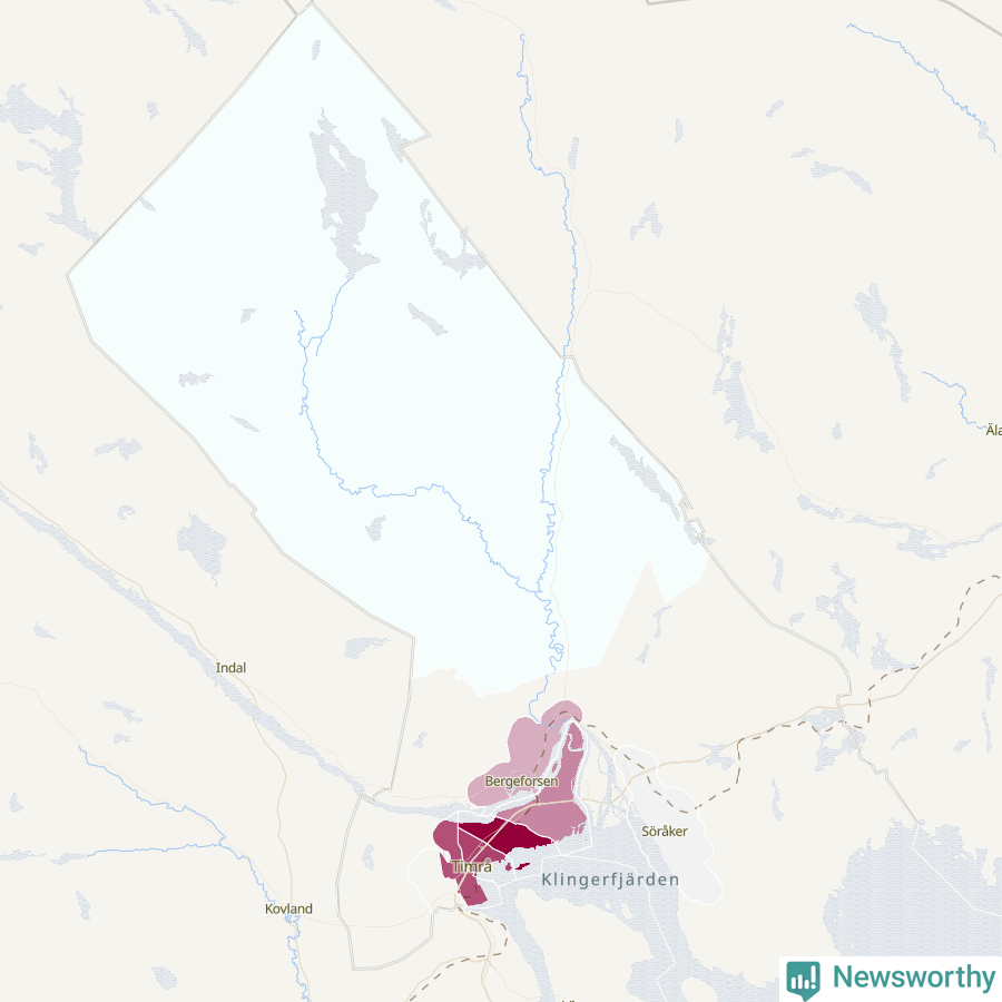 Karta som visar antalet cykelstölder i olika delar av Timrå kommun, även i tabell nedan