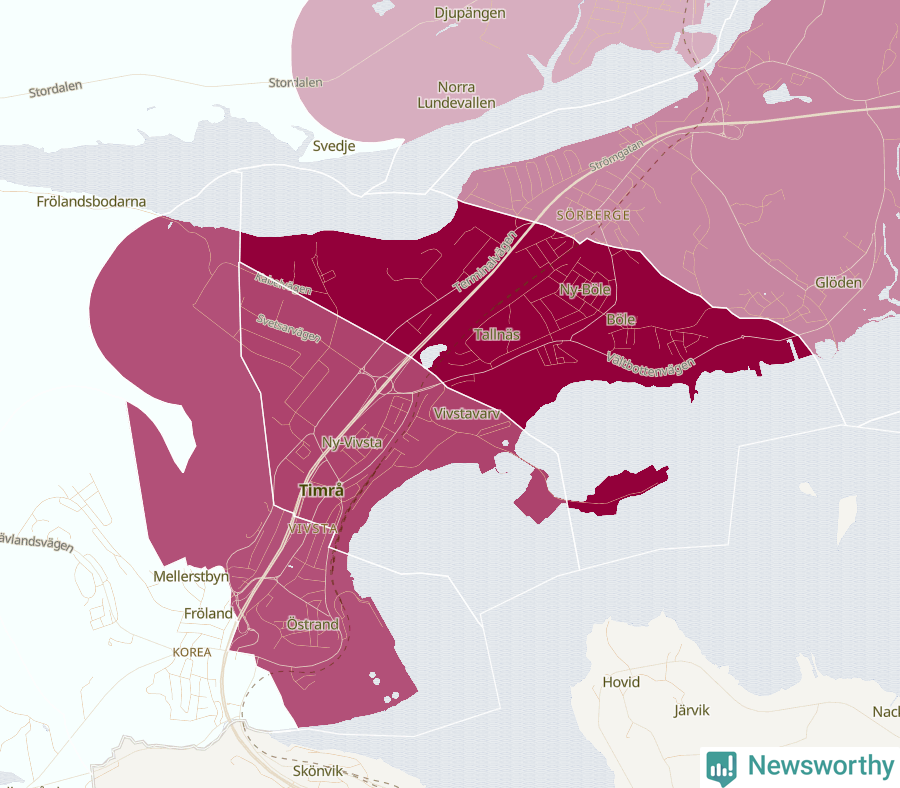 Karta som visar antalet cykelstölder i olika delar av Timrå, se tabell ovan