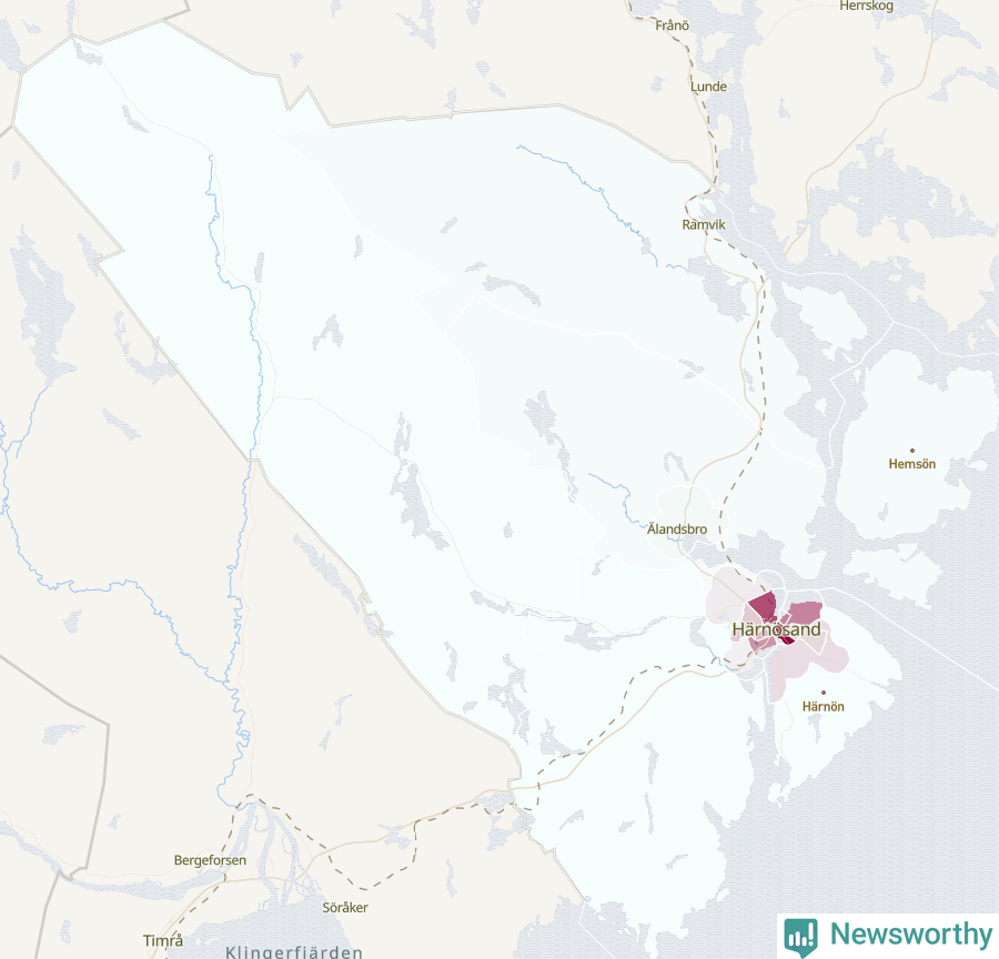 Karta som visar antalet cykelstölder i olika delar av Härnösands kommun, även i tabell nedan