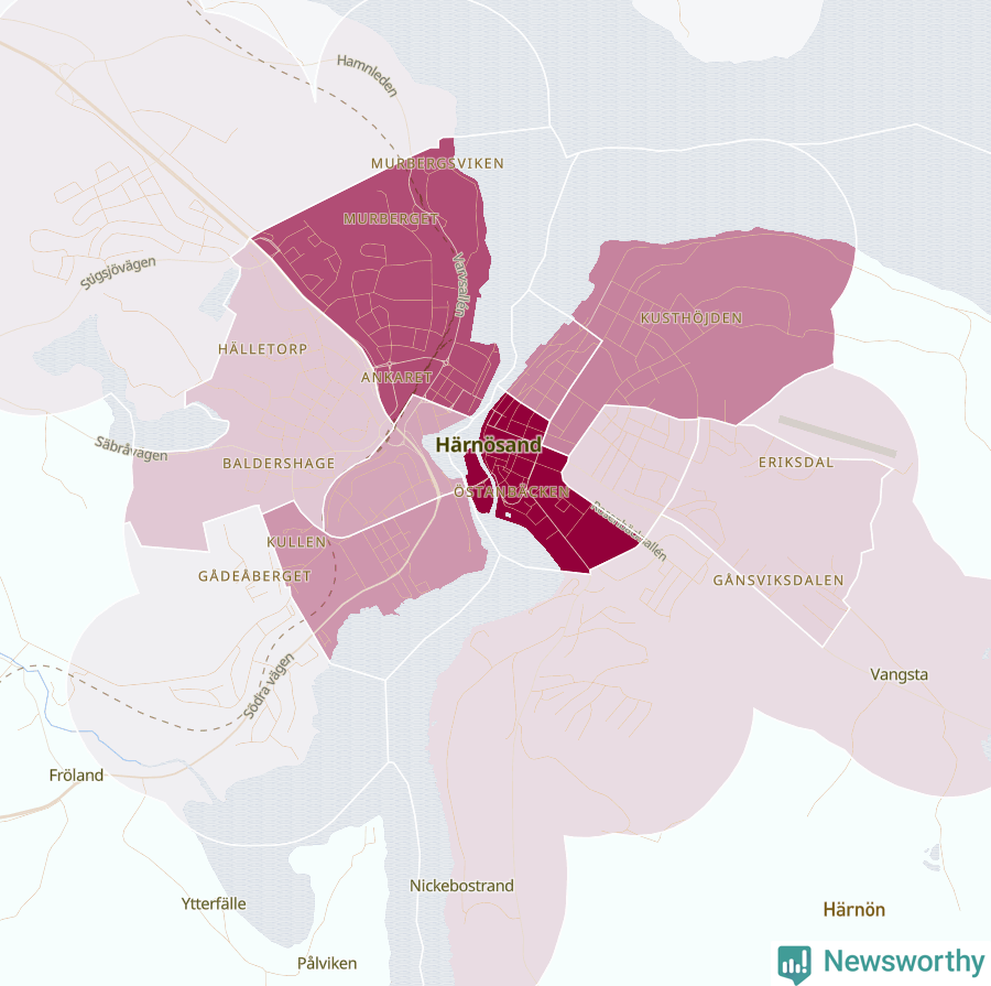 Karta som visar antalet cykelstölder i olika delar av Härnösand, se tabell ovan