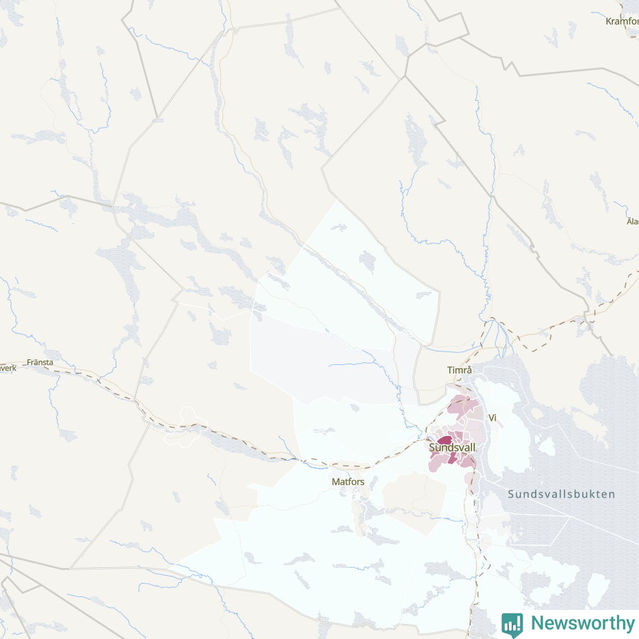 Karta som visar antalet cykelstölder i olika delar av Sundsvalls kommun, även i tabell nedan