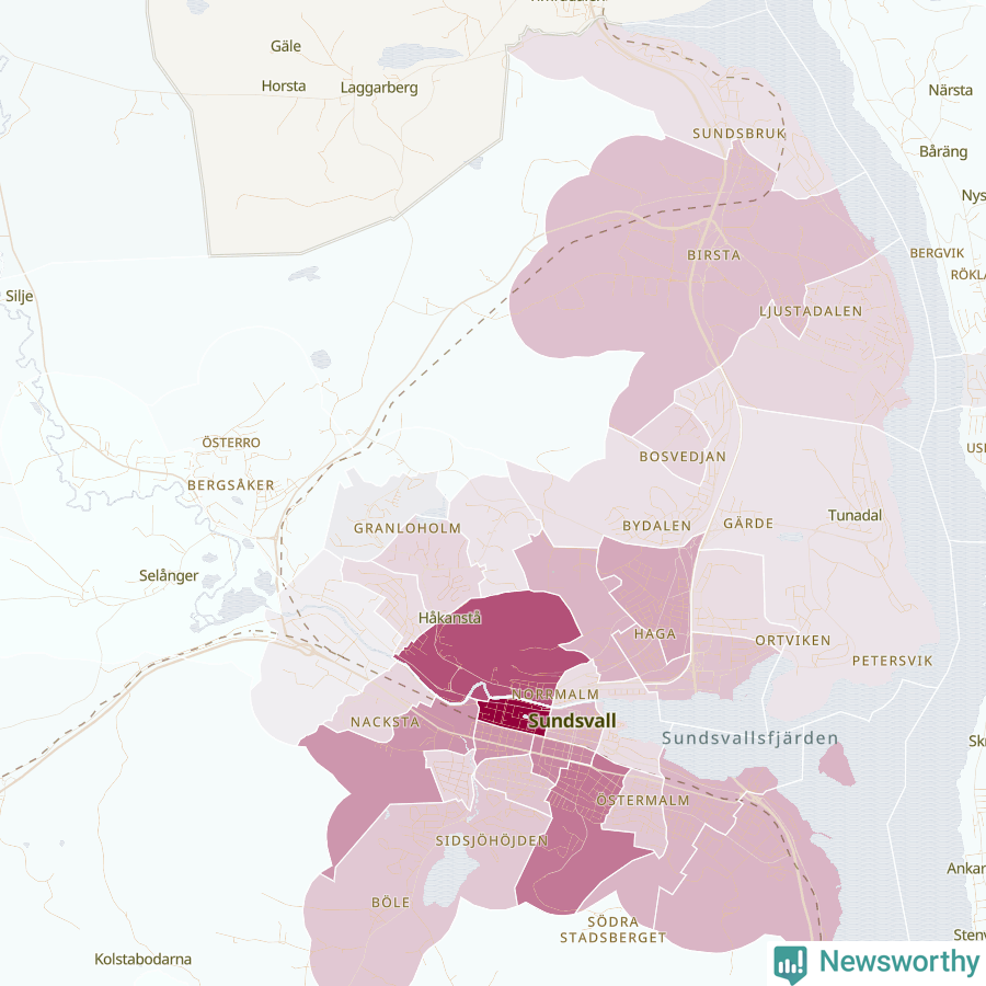 Karta som visar antalet cykelstölder i olika delar av Sundsvall, se tabell ovan