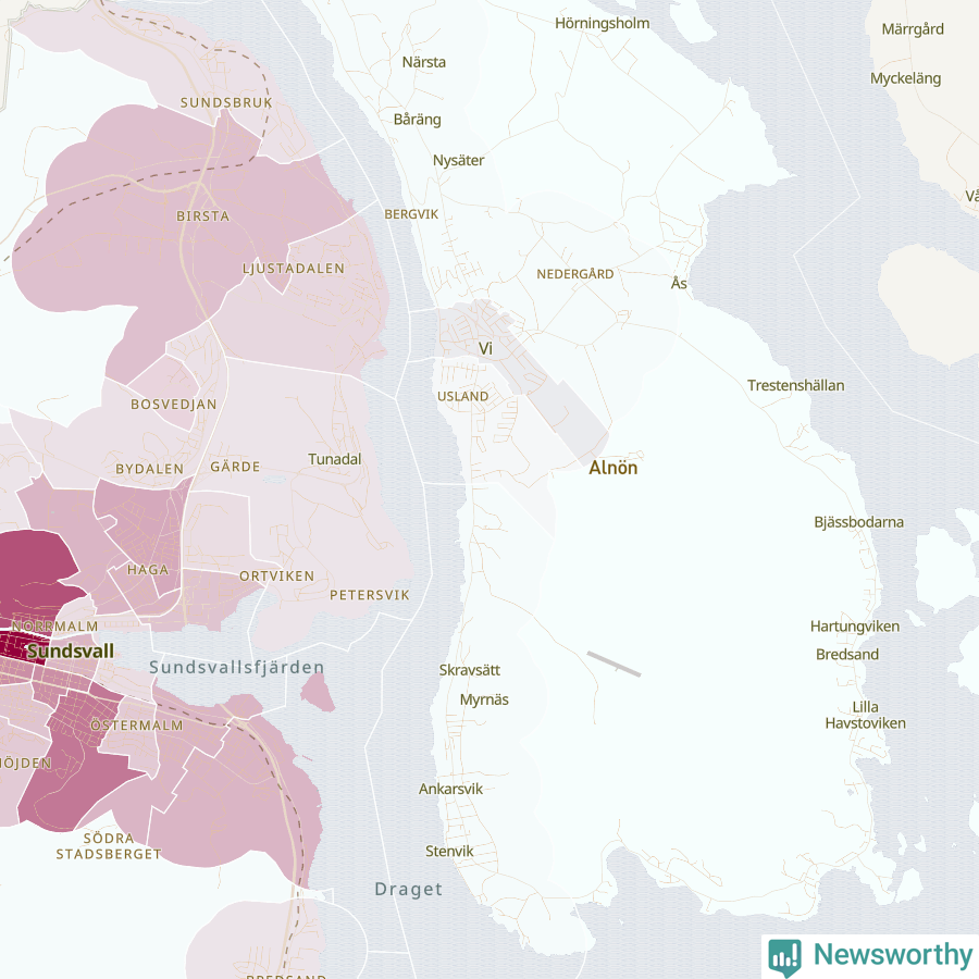 Karta som visar antalet cykelstölder i olika delar av Vi, se tabell ovan