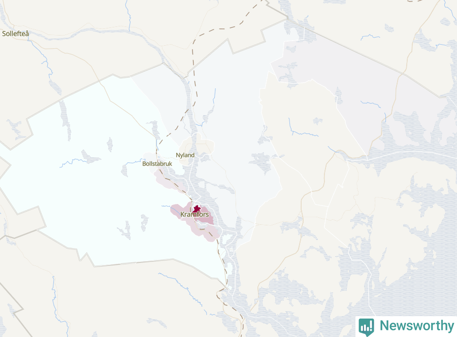 Karta som visar antalet cykelstölder i olika delar av Kramfors kommun, även i tabell nedan