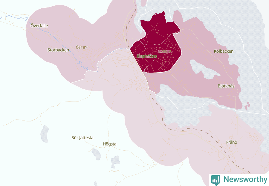 Karta som visar antalet cykelstölder i olika delar av Kramfors, se tabell ovan