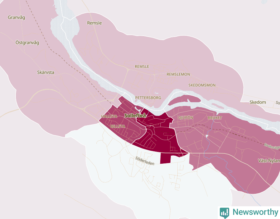 Karta som visar antalet cykelstölder i olika delar av Sollefteå, se tabell ovan