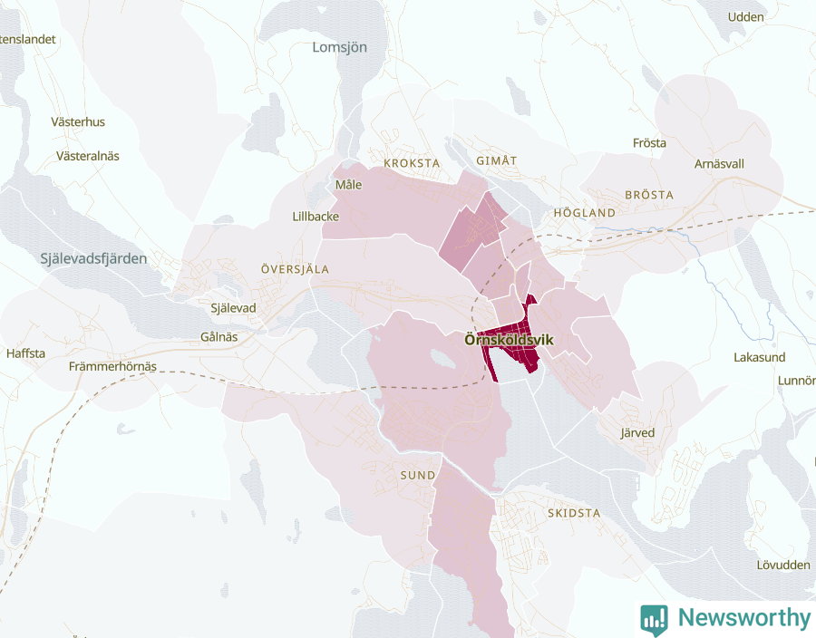 Karta som visar antalet cykelstölder i olika delar av Örnsköldsvik, se tabell ovan