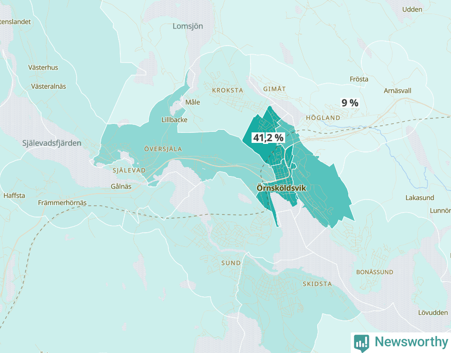 Karta över andel av befolkningen är ensamstående utan barn per område i Örnsköldsvik 2023.