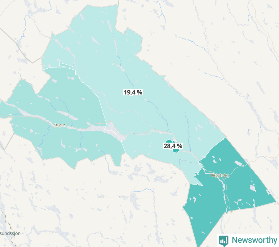 Karta över andel av befolkningen är ensamstående utan barn per område i Ragunda 2023.
