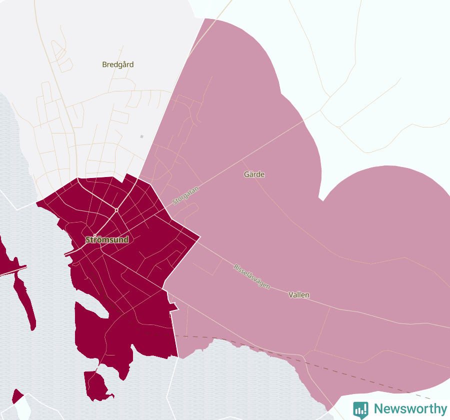 Karta som visar antalet cykelstölder i olika delar av Strömsund, se tabell ovan