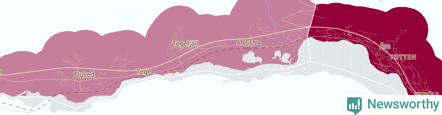 Karta som visar antalet cykelstölder i olika delar av Åre och Duved, se tabell ovan