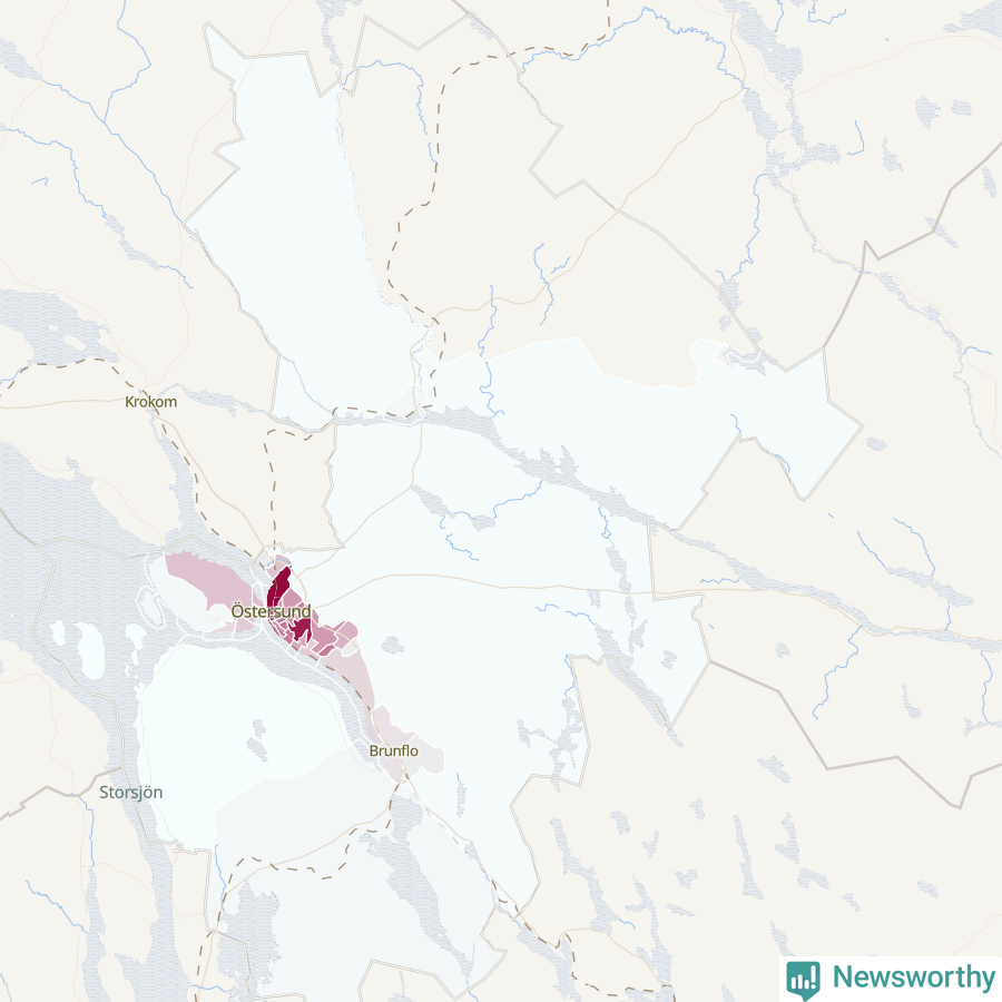 Karta som visar antalet cykelstölder i olika delar av Östersunds kommun, även i tabell nedan