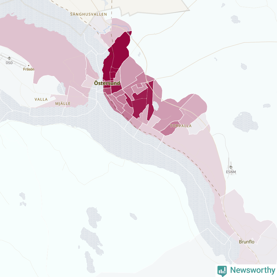 Karta som visar antalet cykelstölder i olika delar av Östersund, se tabell ovan
