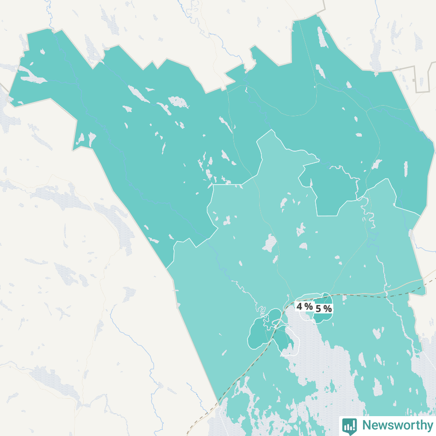 Karta över andel av befolkningensom är mellan 0 och 4 år per område i Nordmaling 2024.