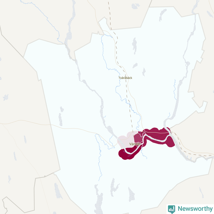 Karta som visar antalet cykelstölder i olika delar av Vännäs kommun, även i tabell nedan