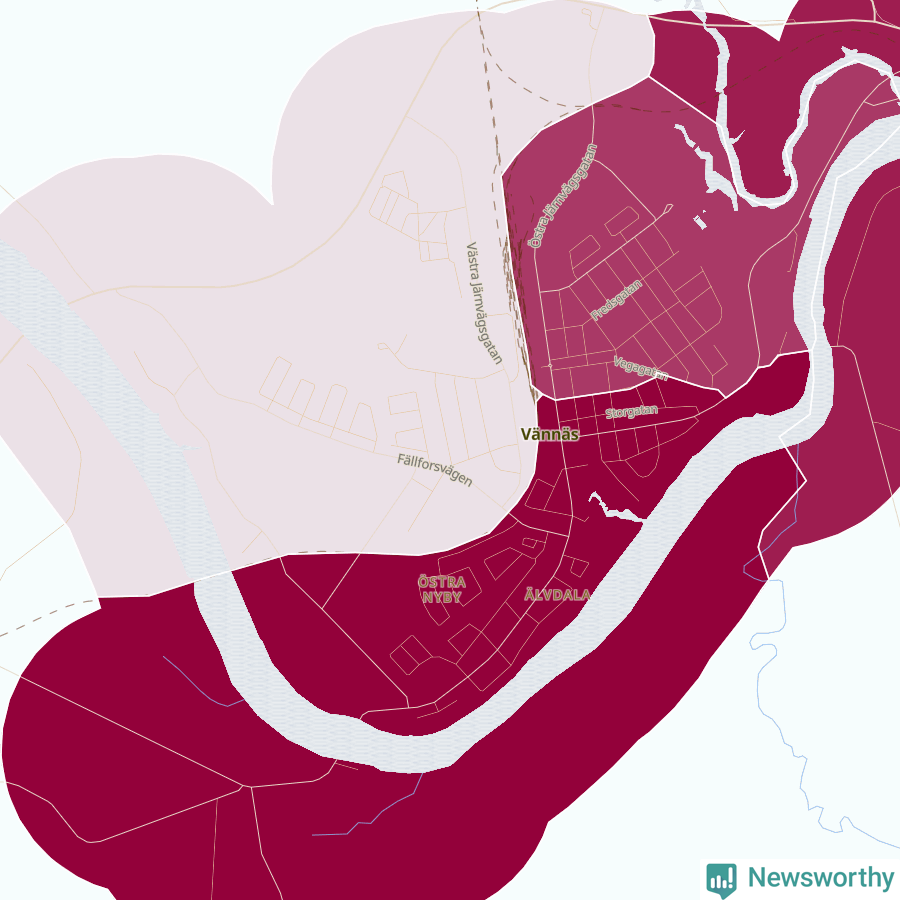 Karta som visar antalet cykelstölder i olika delar av Vännäs, se tabell ovan