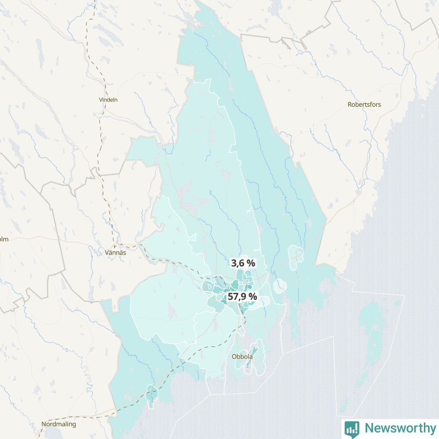 Karta över andel av befolkningen är ensamstående utan barn per område i Umeå 2023.