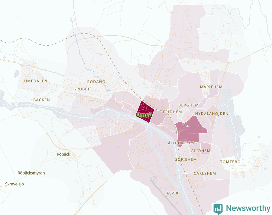 Karta som visar antalet cykelstölder i olika delar av Umeå, se tabell ovan