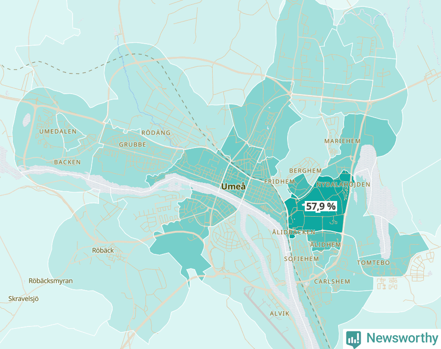Karta över andel av befolkningen är ensamstående utan barn per område i Umeå 2023.