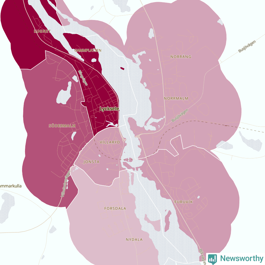 Karta som visar antalet cykelstölder i olika delar av Lycksele, se tabell ovan