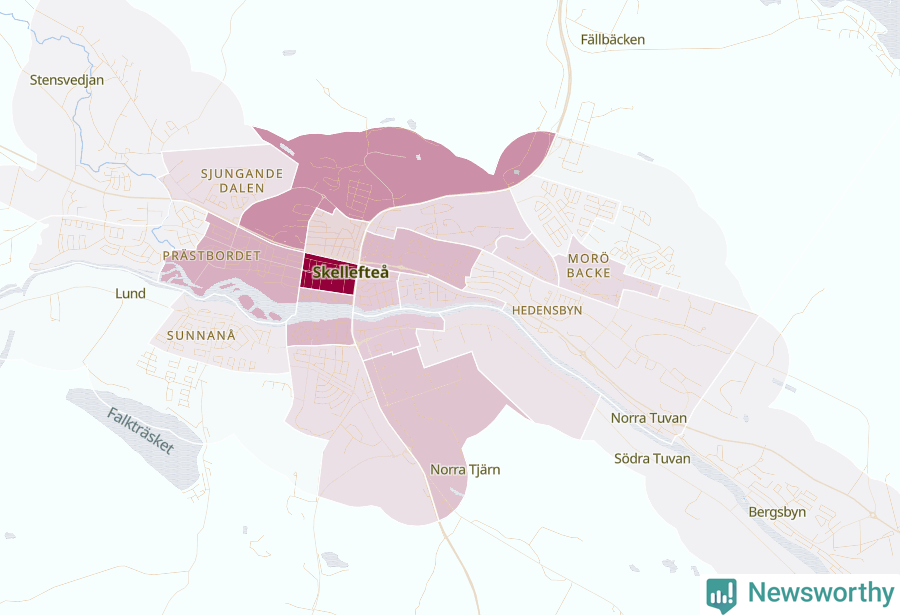 Karta som visar antalet cykelstölder i olika delar av Skellefteå, se tabell ovan