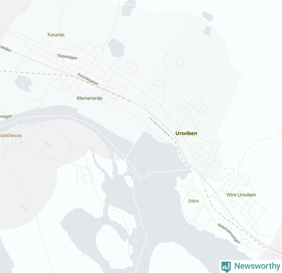 Karta som visar antalet cykelstölder i olika delar av Ursviken, se tabell ovan