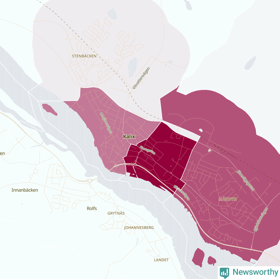 Karta som visar antalet cykelstölder i olika delar av Kalix, se tabell ovan