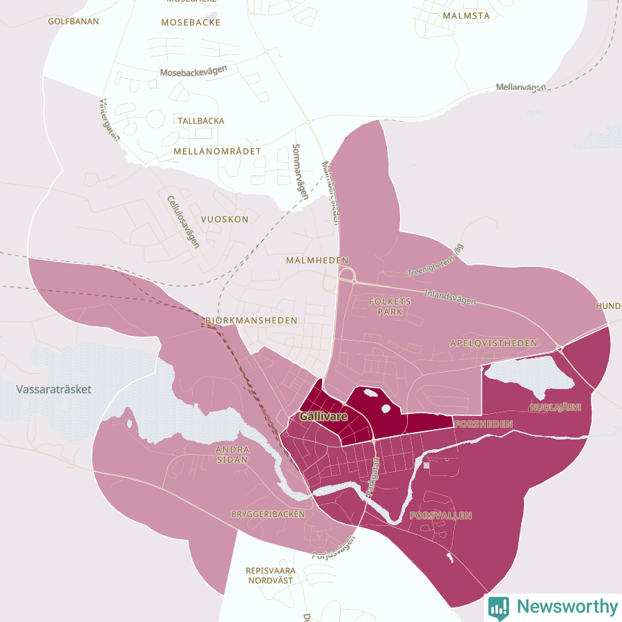 Karta som visar antalet cykelstölder i olika delar av Gällivare, se tabell ovan