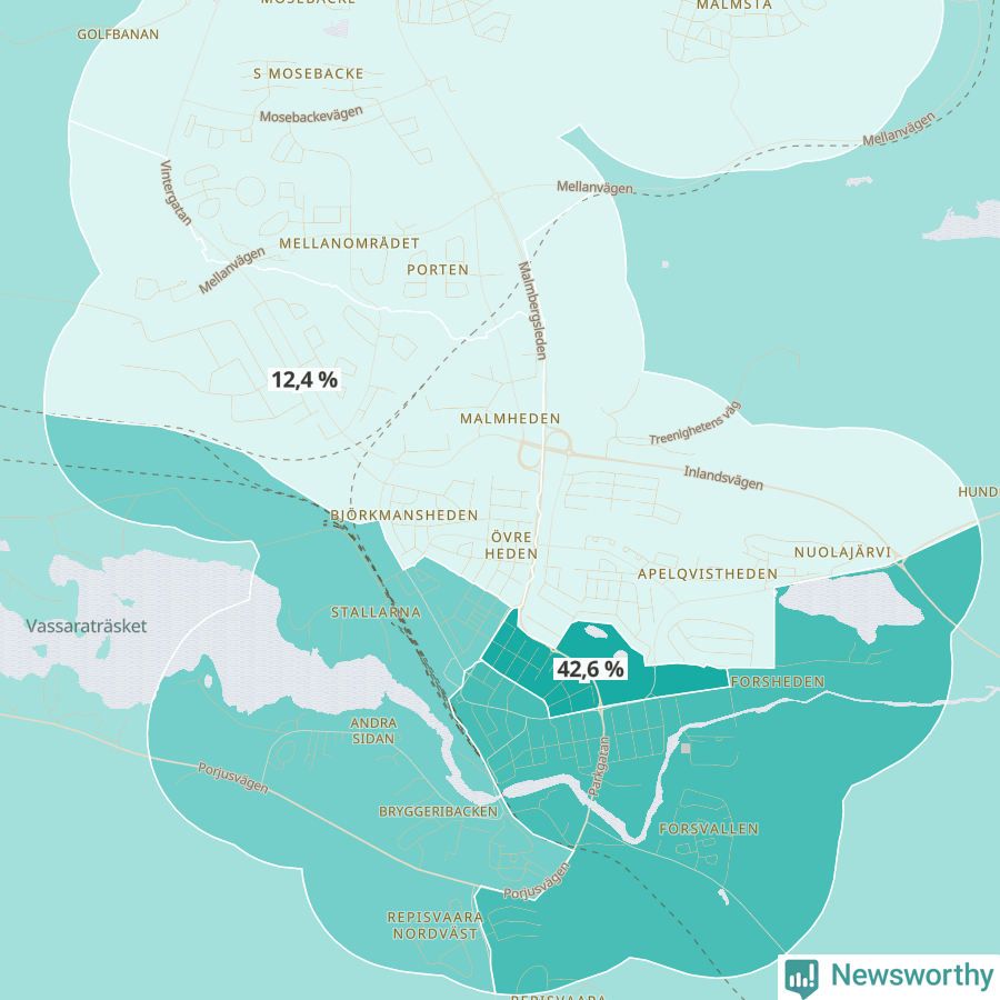 Karta över andel av befolkningen är ensamstående utan barn per område i Gällivare 2023.