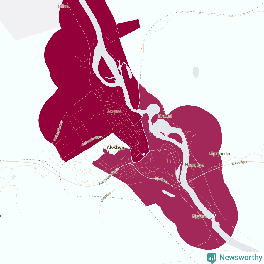 Karta som visar antalet cykelstölder i olika delar av Älvsbyn, se tabell ovan