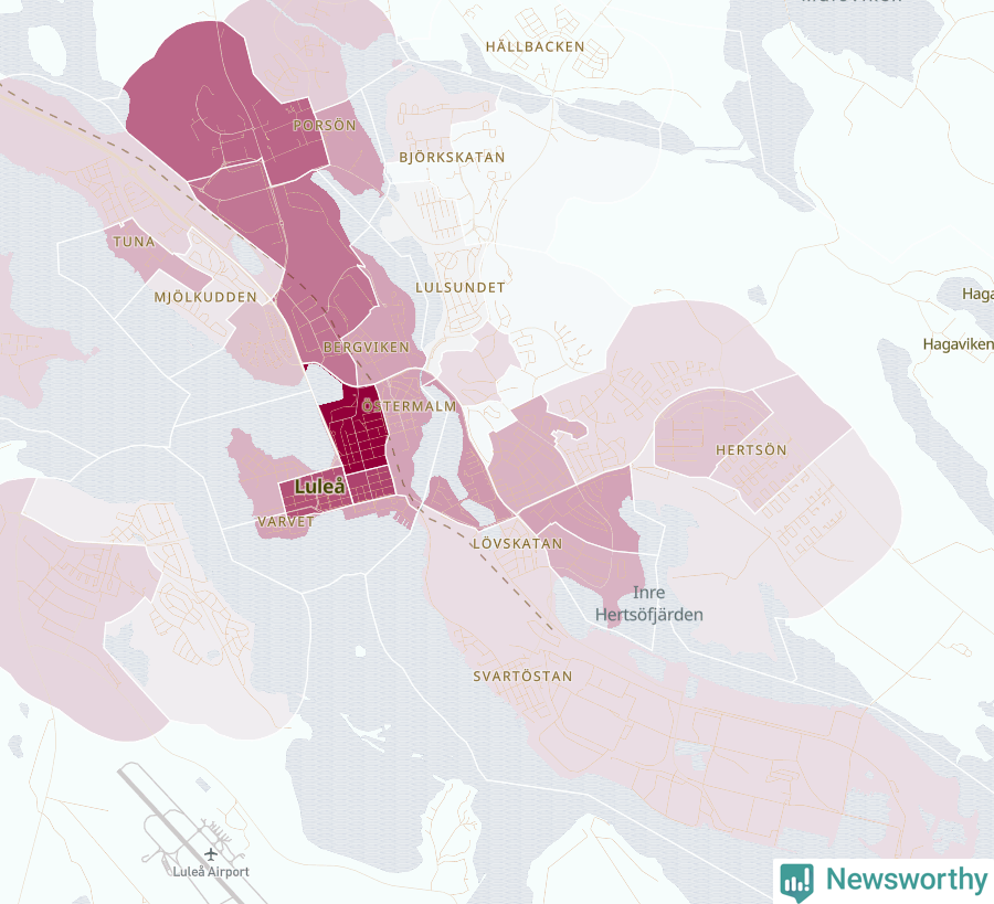 Karta som visar antalet cykelstölder i olika delar av Luleå, se tabell ovan