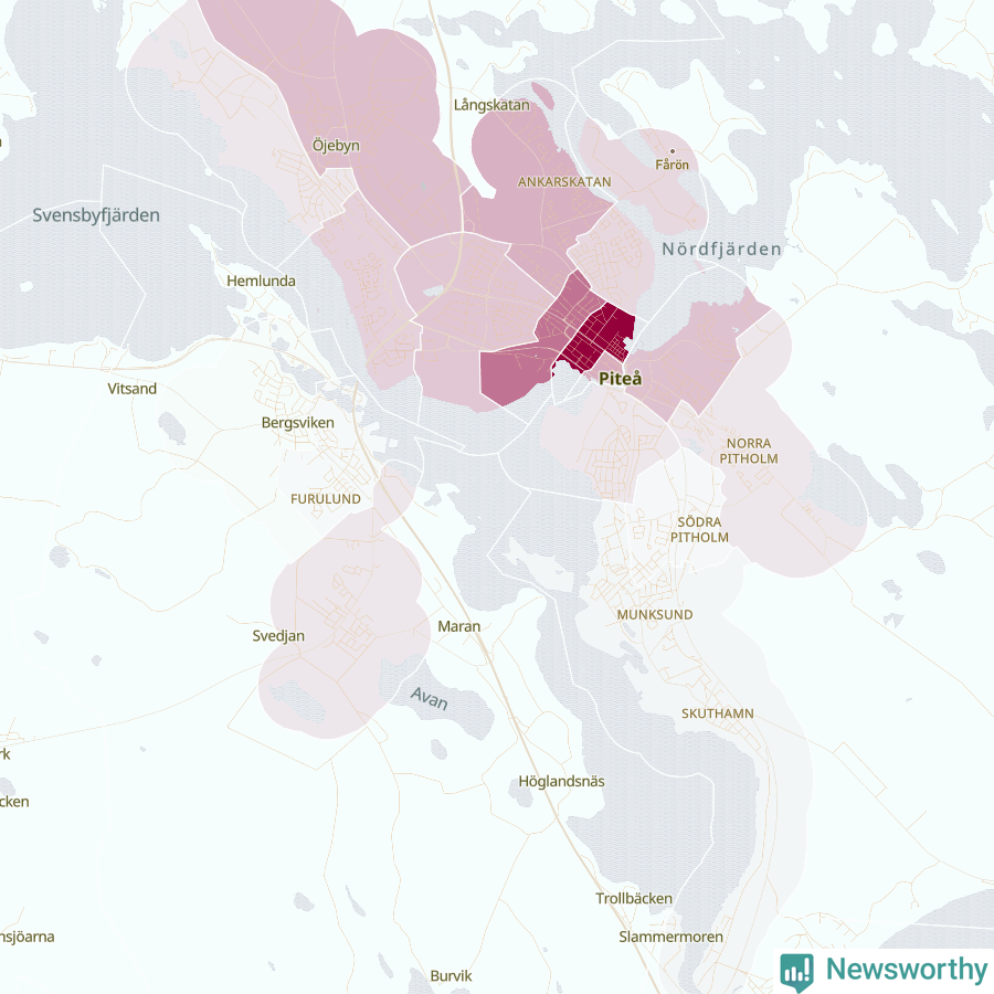Karta som visar antalet cykelstölder i olika delar av Piteå, se tabell ovan