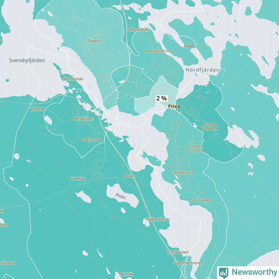 Karta över andel av befolkningen är mellan 0 och 4 år per område i Piteå 2024.