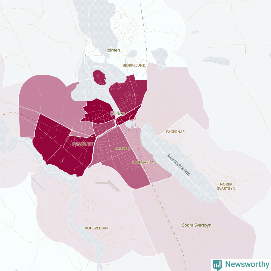 Karta som visar antalet cykelstölder i olika delar av Boden, se tabell ovan