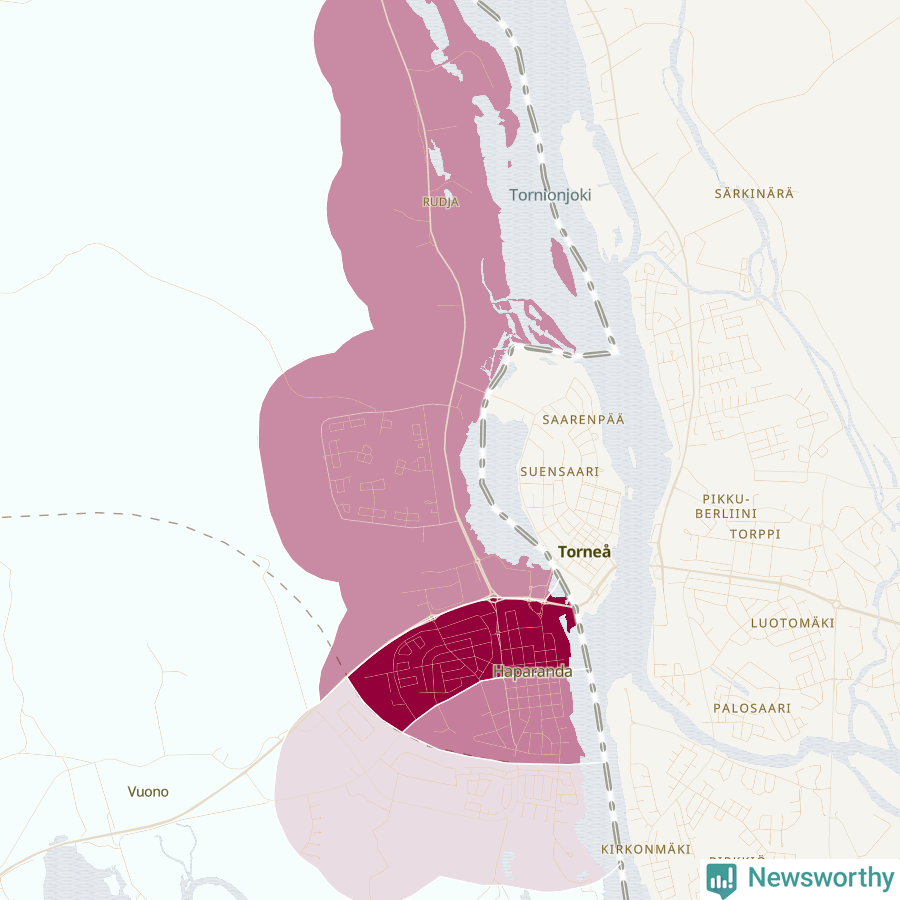 Karta som visar antalet cykelstölder i olika delar av Haparanda, se tabell ovan
