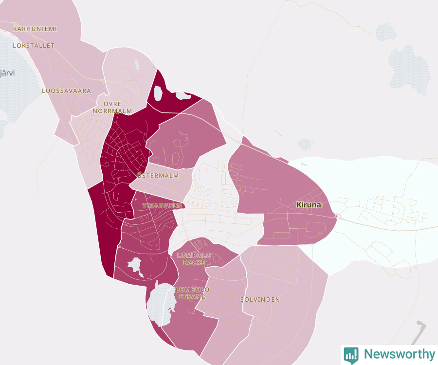 Karta som visar antalet cykelstölder i olika delar av Kiruna, se tabell ovan