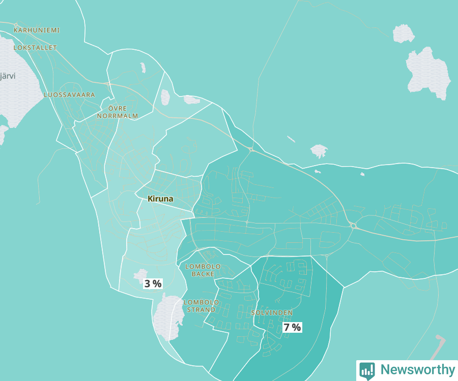 Karta över andel av befolkningen är mellan 0 och 4 år per område i Kiruna 2024.